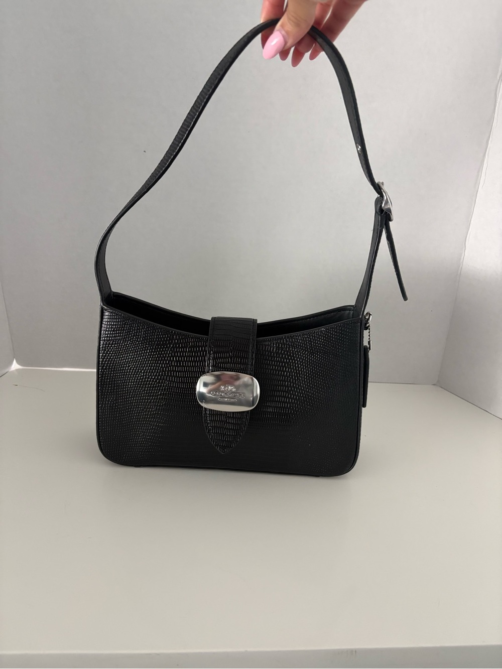 Coach Black Shoulder Bag with Silver-Tone Plaque